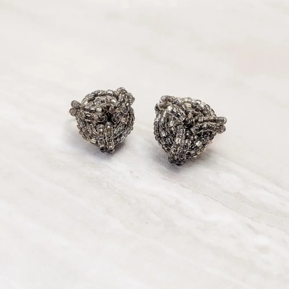Vintage Clip On Earrings Grey Beaded Stylish Design Statement Earrings